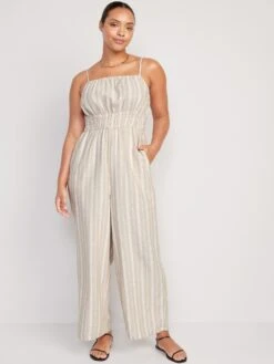 Old Navy Striped Linen-Blend Cropped Smocked Cami Wide-Leg Jumpsuit For Women 21 Old Navy Striped Linen-Blend Cropped Smocked Cami Wide-Leg Jumpsuit For Women -LuxeWear Sales Store cn52637328