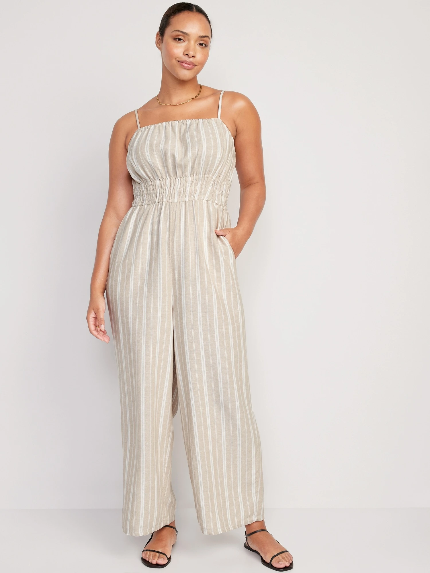Old Navy Striped Linen-Blend Cropped Smocked Cami Wide-Leg Jumpsuit For Women 12 Old Navy Striped Linen-Blend Cropped Smocked Cami Wide-Leg Jumpsuit For Women - Image 10