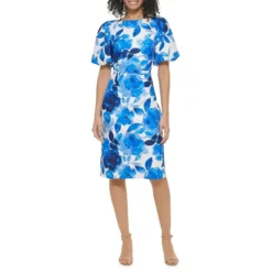 Floral Puff-Sleeve Scuba Crepe Sheath Dress