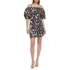 DKNY Printed Linen-Blend Cold Shoulder Mini Dress