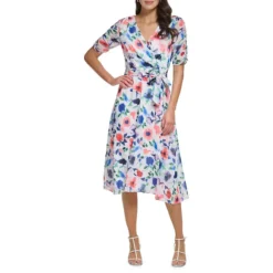 DKNY Ruched-Sleeve Floral Faux-Wrap Dress