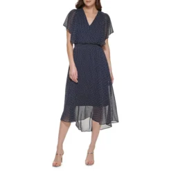 DKNY V-Neck Flutter-Sleeve Smocked-Waist Chiffon Midi Dress