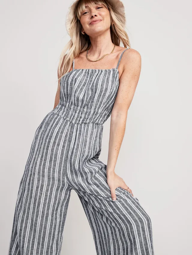 Old Navy Striped Linen-Blend Cropped Smocked Cami Wide-Leg Jumpsuit For Women 5 Old Navy Striped Linen-Blend Cropped Smocked Cami Wide-Leg Jumpsuit For Women - Image 3