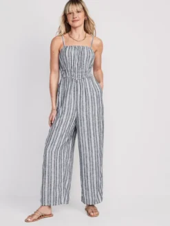 Old Navy Striped Linen-Blend Cropped Smocked Cami Wide-Leg Jumpsuit For Women