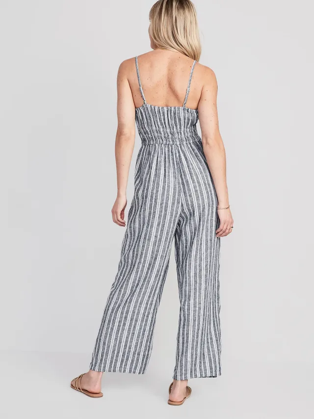 Old Navy Striped Linen-Blend Cropped Smocked Cami Wide-Leg Jumpsuit For Women 4 Old Navy Striped Linen-Blend Cropped Smocked Cami Wide-Leg Jumpsuit For Women - Image 2