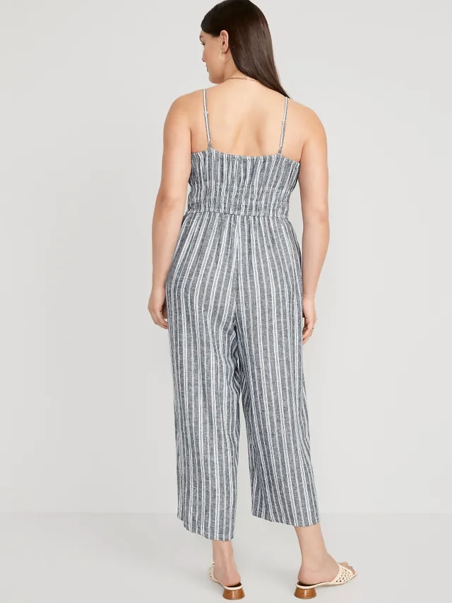 Old Navy Striped Linen-Blend Cropped Smocked Cami Wide-Leg Jumpsuit For Women 7 Old Navy Striped Linen-Blend Cropped Smocked Cami Wide-Leg Jumpsuit For Women - Image 5
