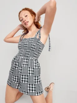 Old Navy Gingham Tie-Shoulder Smocked Romper For Women -- 3-inch Inseam -LuxeWear Sales Store https3A2F2Foldnavy.gapcanada.ca2Fwebcontent2F00532F3022F8382Fcn53302838.jpg 640x