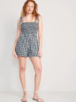 Old Navy Gingham Tie-Shoulder Smocked Romper For Women -- 3-inch Inseam
