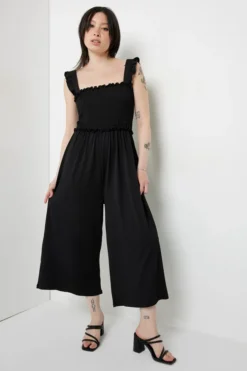Ardene Ruffle Strap 7/8 Jumpsuit In Black | Size | Polyester/Spandex