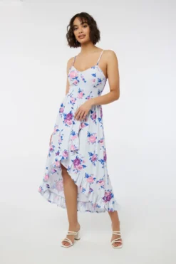Ardene Tulip Hem Floral Maxi Dress In Lt. Blue | Size | Polyester/Spandex