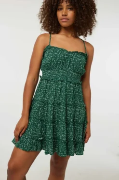 Ardene Floral Tiered Mini Dress In Dk. Green | Size | Rayon