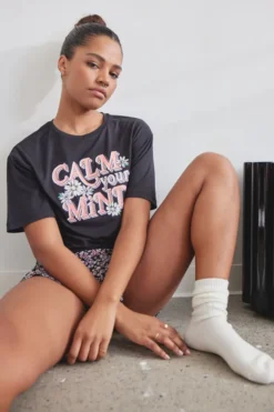 Ardene Graphic Boxy Tee & Shorts PJ Set In | Size | Polyester/Spandex