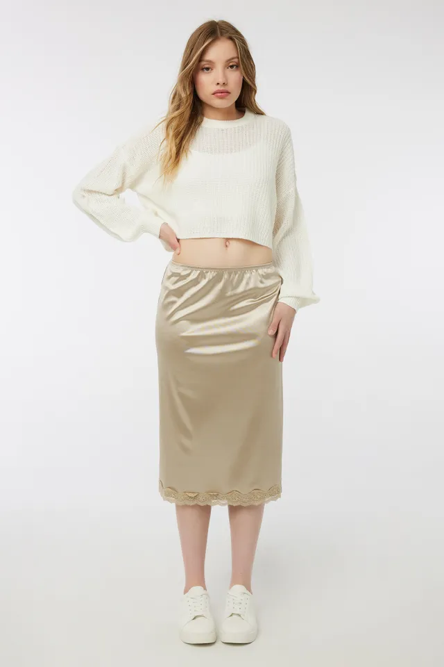Ardene Satin Skirt With Lace Trim In Beige | Size | Polyester/Spandex 3 Ardene Satin Skirt With Lace Trim In Beige | Size | Polyester/Spandex