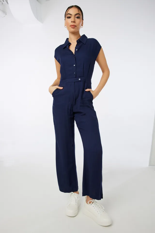 Ardene Cap Sleeve Button Front Jumpsuit In Dk. Blue | Size | 100% Viscose 3 Ardene Cap Sleeve Button Front Jumpsuit In Dk. Blue | Size | 100% Viscose