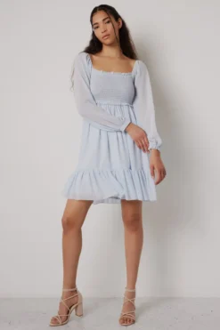 Ardene Long Sleeve Mini Dress With Smocked Bodice In Lt. Blue | Size | Polyester