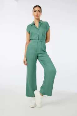 Ardene Cap Sleeve Button Front Jumpsuit In Med. Green | Size | 100% Viscose