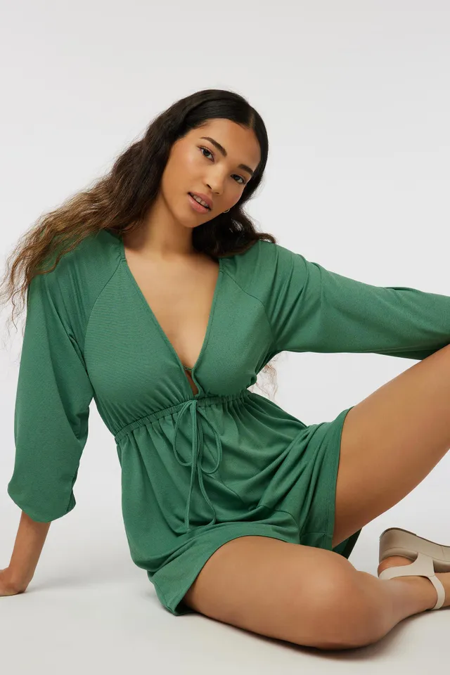 Ardene Plunge V-Neck Long Sleeve Romper In Med. | Size | Polyester/Spandex 4 Ardene Plunge V-Neck Long Sleeve Romper In Med. | Size | Polyester/Spandex - Image 2