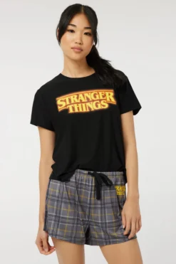 Ardene Stranger Things Super Soft 2-Piece PJ Set In Black | Size | Polyester/Spandex