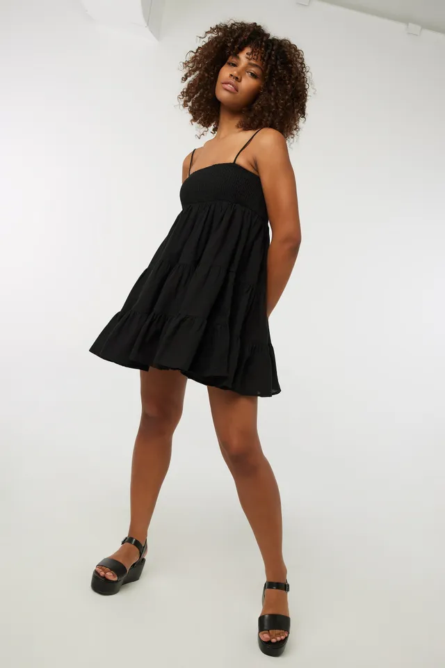 Ardene Smocked Bodice Mini Tiered Dress In Black | Size | 100% Cotton 3 Ardene Smocked Bodice Mini Tiered Dress In Black | Size | 100% Cotton