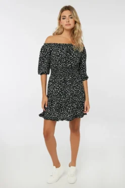 Ardene Floral Off-Shoulder Smocked Dress In Black | Size | Rayon
