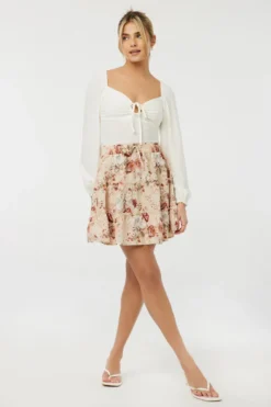 Ardene Floral Mini Tiered Skirt In Beige | Size | Rayon