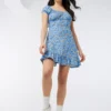 Ardene Floral Peasant Mini Dress In Med. Blue | Size | Polyester/Spandex