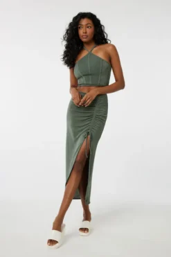 Ardene Ruched Midi Skirt In Dk. Green | Size | Polyester/Spandex