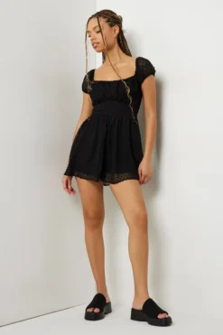 Ardene Smocked-Back Swiss Dot Romper In Black | Size | Polyester