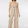 Ardene Striped Cut Out Jumpsuit In Beige | Size | Polyester/Spandex