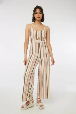 Ardene Striped Cut Out Jumpsuit In Beige | Size | Polyester/Spandex