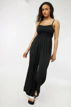 Ardene Smocked Bodice Jumpsuit In Black | Size | Polyester/Spandex